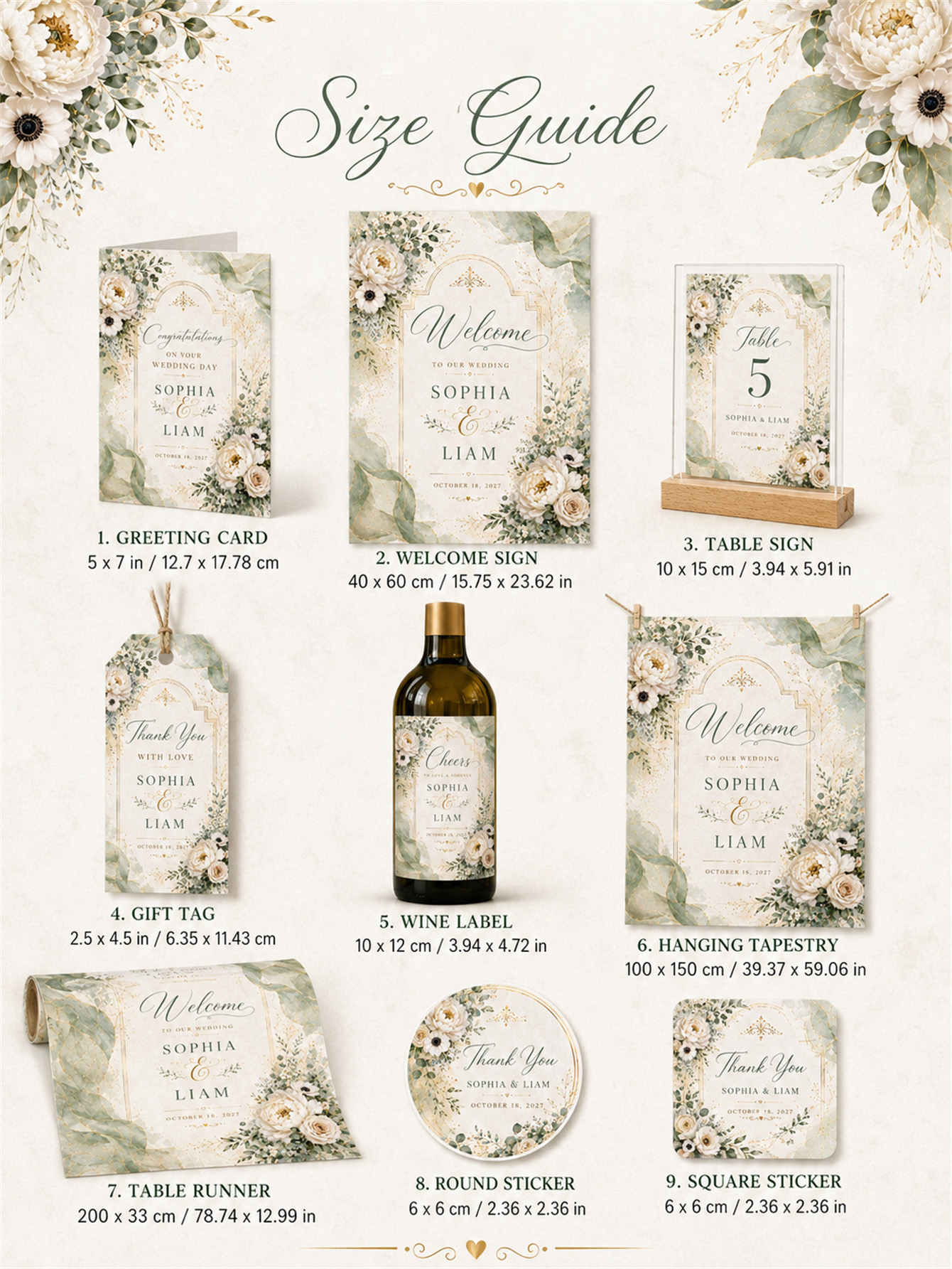 Sage green and ivory plant wedding decorations - Romantic and elegant wedding - Custom name and date